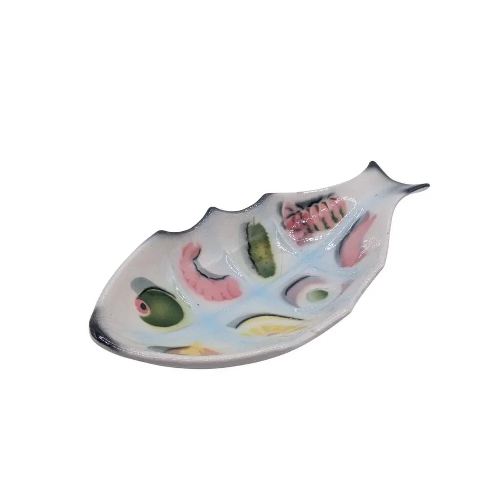 Hand-Painted Ceramic Fish-Shaped Divided Serving Dish With Vibrant Food Motifs